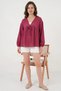Women's Round Neck Gathered Waist Long Sleeve Viscose Burgundy Blouse - 5