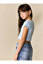 Girl's Stone and Embroidery Detailed Combed Cotton Crop Tshirt Blue - 2