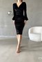 Women's Velvet Fabric Double Breasted Neck Balloon Sleeve and Slit Detail Midi Length Dress - 3