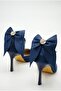 Women's Stoned Bow Detailed Ankle Strap Stiletto Pointed Toe Thin Heeled Navy Blue Satin Evening Dress Shoes - 4