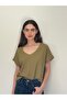 V-Neck Flowy T-Shirt Top Women Khaki - 5