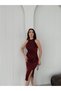 Burgundy Glittery Draped Halter Neck Midi Evening Dress - 5