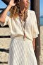 Beige V-Neck Bat Sleeve Textured Shabby Stitched Loose Woven Blouse 60 70 - 2