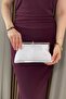 Women's White Satin Stone Evening Dress Bag - Hand and Shoulder Bag with Silver Accessories and Chain Strap