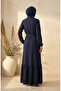 Bubble Fabric Dress with Elastic Sleeves and Belt 0510-05 Navy Blue - 5