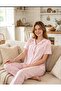 Cherry Pattern Powder Pink Color Shirt Collar Buttoned Short Sleeve Milan Fabric Women's Pajama Set - 2