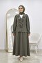 Ruffle Collar Buttoned Sleeve Gathered Skirt Suit Khaki - 2