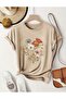 Floral Printed Women's Short Sleeve Plain Beige Tshirt