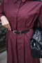Women's Belt Detail, Elastic Waist, Buttoned Shirt Collar Dress, Burgundy - 6