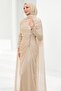 Beige Capelet Evening Dress with Drawstring Front and Stones - 3