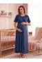 New Season Navy Blue Summer Double-Breasted Collar Short Sleeve Special Design 100% Cotton Maternity Long Dressing Gown Nightgown Set - 6