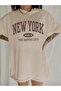 Women's Design Printed Beige T-Shirt Oversize Loose Fit - 4