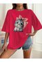 Women's Cute Cat Printed Oversize Casual Crew Neck T-Shirt Boyfriend