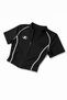 A Embroidered Black Zippered Crop Blouse with Piping Detail, Stand-Up Collar, Embroidered Stretchy Short Sleeves, 100% Cotton - 2