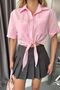 Women's Tie-Detail Double Pocket Short Sleeve Shirt - Pink - 2122 - 2