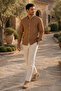 Hakim Collar White Stitching Detailed Long Sleeve Men's Shirt Brown - 3