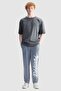 Oven Oversize Crew Neck Printed Embroidered 100% Cotton Men's Gray T-Shirt - 4