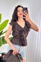 Ruffled V-Neck Brown Blouse with Elastic Waist - 2