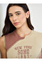 Beige Slogan Print Color Block Tank Top with Lace Trim - 4