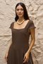 Brown Square Neck Short Sleeve Flowy Linen Dress - 2
