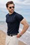Navy Blue Vertical Striped Crew Neck Knitwear Men's T-Shirt E7505 - 2