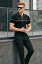 Men's Striped Casual Black Polo Neck T-Shirt - 4