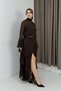 Women's Lined Body and Belt Detailed Ruffled Chiffon Dress Brown