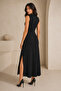 Women's Black Oysho Fabric High Collar Slit Basic Black Midi Evening Dress 77161 - 6