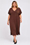 Women's Plus Size Brown, V-Neck, Stone Detailed, Oversize Viscose Dress 65N39557