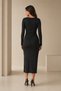 Black Long Sleeve Slit Waist Detailed Stylish Women's Midi Evening Dress with Accessories 77163 - 3