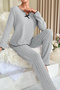 Women's Gray Striped Long Sleeve Bow Detailed Pajama Set Comfortable Transitional - 3