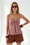 Women's Dusty Rose Strap Adjustable Bow Detailed Pera Linen Blouse Blz-19003371 - 4