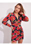Women's Fuchsia V-Neck Patterned and Draped Mini Dress Nj173