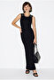 Women's Black Stone Embroidered Crew Neck Thick Strap Ribbed Wrap Maxi Dress Öe261008 60286401 - 3