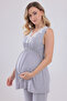 Gray Lace Design Strappy Cotton Maternity Pajama Set with 3-Piece Pajamas - 7