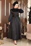 Feather Detailed Satin Evening Dress Black 19123 - 3