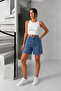 Blue Back Belt Cross Bridge Detail Wide Leg Denim Shorts - 2