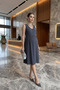 Smoked V-Neck Front-Buttoned Zero Sleeve Midi Woven Maternity and Postpartum Dress