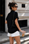 Women's Black Muslin Fabric Oversize Short Sleeve Shirt - 3