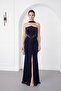 Women's Navy Blue Strapless Collar Slit Long Glitter Evening Dress