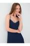 Navy Blue Linen Blend Dress with Collar Detail and Straps - 5