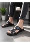 Black Genuine Leather Men's Velcro Slippers Ultra Orthopedic Soft Lightweight Daily Comfortable Black Slippers