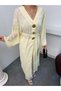 Women's V-Neck Waist-Tied Gold Detailed Wide Sleeve Jacquard Patterned Long Kimono 9088 - Yellow - 7