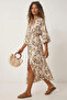 Women's Patterned Summer Double-Breasted Collar Slit Ankle-Length Dress 10E-2407 - 4