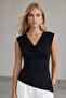 Women's Black Degaje Collar Lycra Asymmetrical Cut Viscose Knitted Blouse Alc-X15577 - 3