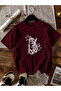 Women's Y2K Star Cat Printed Oversized T-Shirt Burgundy