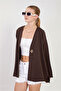 Women's Single Button Long Sleeve Jacket - Bitter Brown - 2