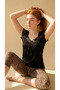 Black Leopard Patterned Viscose Short Sleeve Capri Set - 4