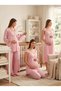 New Season Pink Wide Strap Buttoned Design Lace Detailed 100% Cotton Long Dressing Gown Nightgown Pajama Set 4-Piece Set