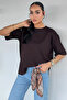 Dark Brown Rose Patterned Sleeve Folded Slit T-Shirt
